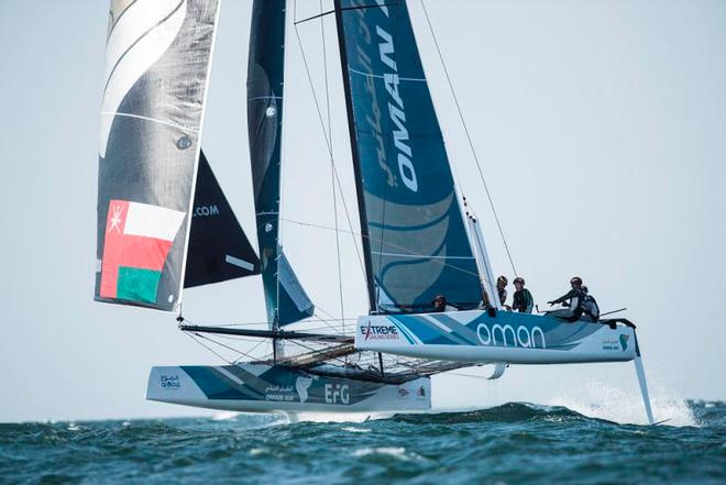 Act 1, Extreme Sailing Series Muscat – Despite Muscat being his first Act as skipper and helm of Oman Air, current World Match Racing Tour champion Phil Robertson was able to steer his team to a spot on the podium. © Lloyd Images http://lloydimagesgallery.photoshelter.com/